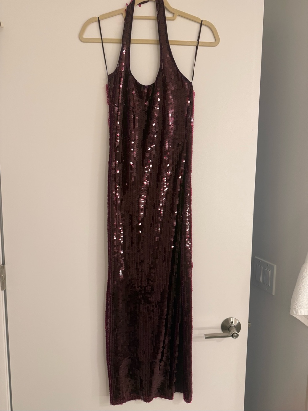 Zara Sequined Halter Maxi Dress in Deep Burgundy